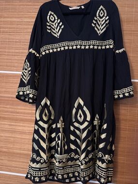 Soft Surroundings Black Midi Dress with Gold Embroidery